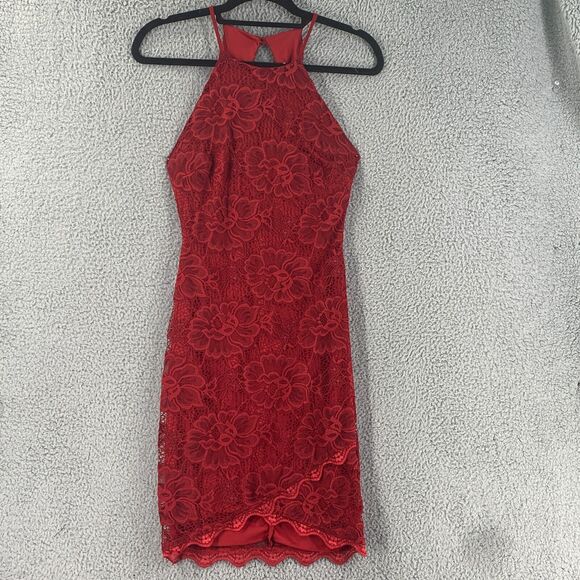 b Darlin Womens Dress Floral Lace Red Mini Size 3/4 Cocktail Halter - Picture 1 of 12